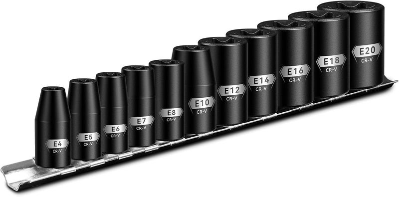 BLACKROBOT E Torx & Star Socket Set With Rail, 11-Piece Female External Sockets, 3/8" 1/4" Drive Precision Torque Inverted Torx Kit, E4 E5 E6 E7 E8 E10 E12 E14 E16 E18 E20 Reverse Socket - Image 1